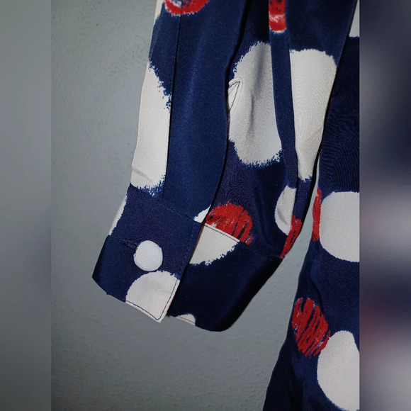 A Vintage Liz Baker Navy Blue Red White Blouse - Picture 2 of 11